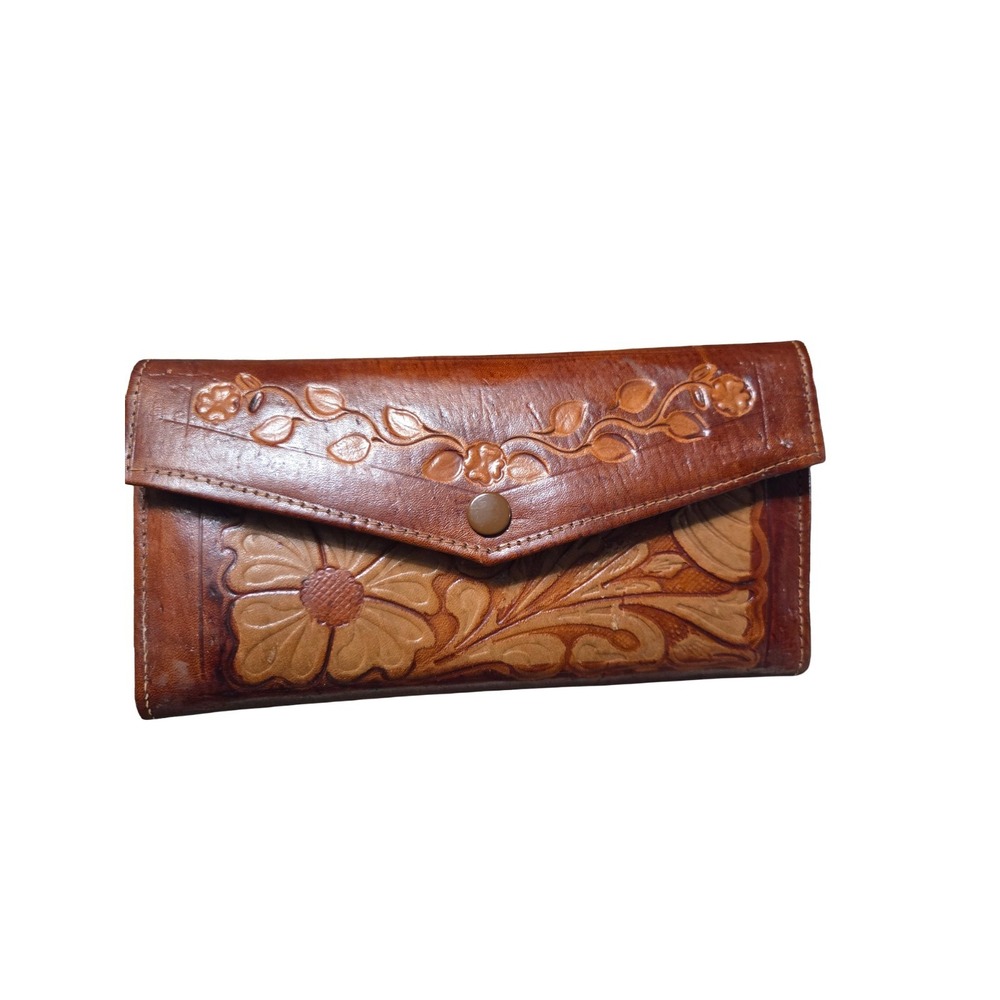 Vintage Tooled Leather Floral Brown Big Wallet Southwestern Check Holder Clutch